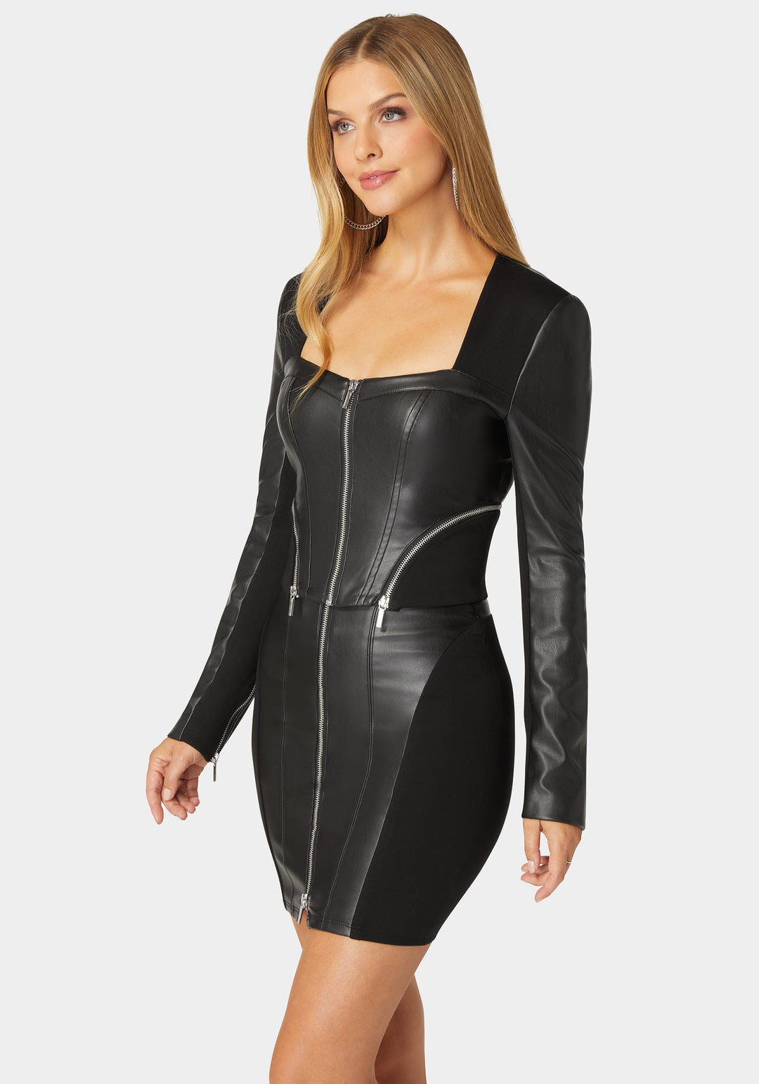 Bebe Women's Zip Front Faux Leather Pdr Combo Top - Black Bebe Women's Zip Front Faux Leather Pdr Combo Top - Black