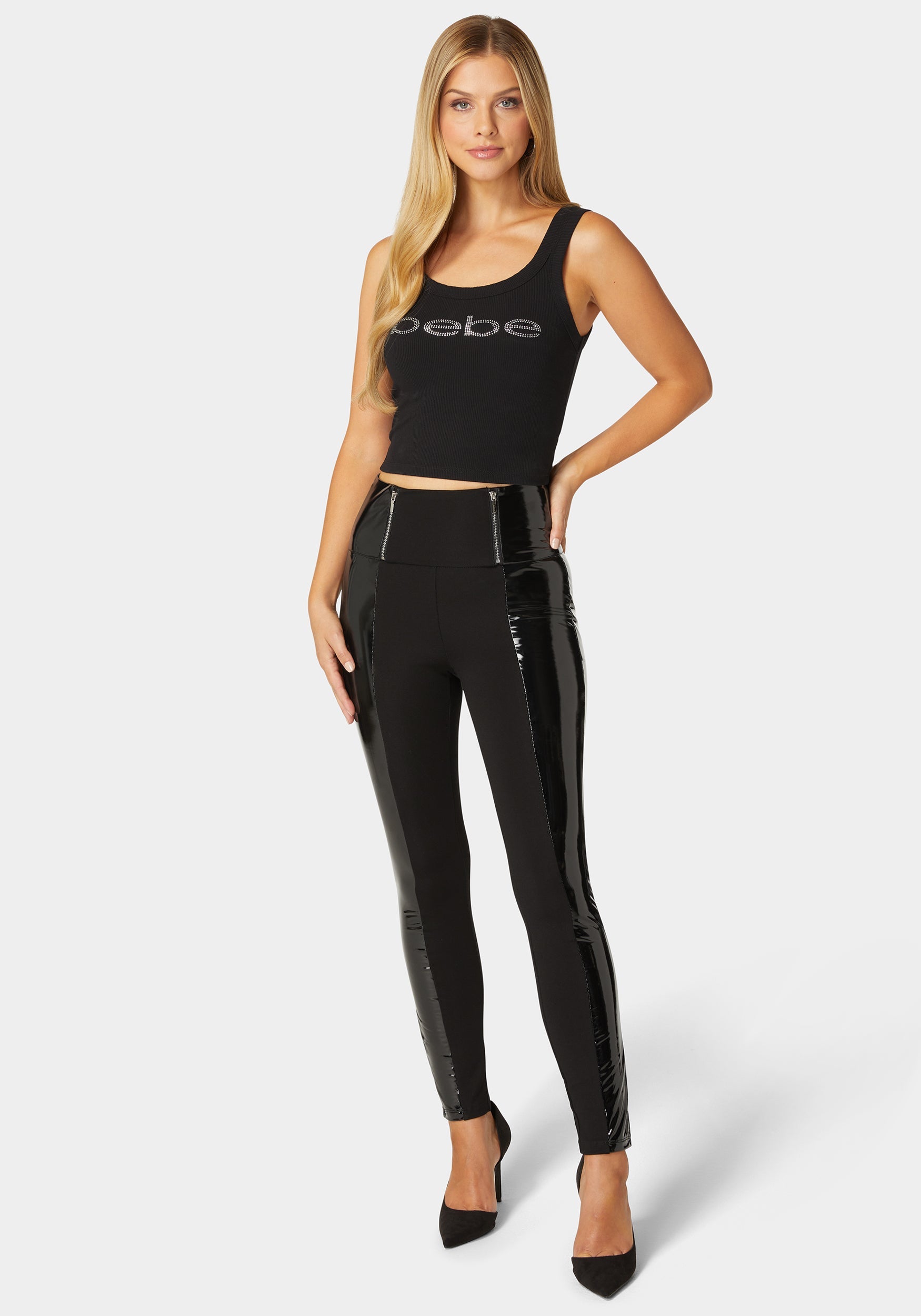 ◆♡bebe♡◆ High Waist Zipper Detail Liquid Shine Combo Knit Legging – bebe