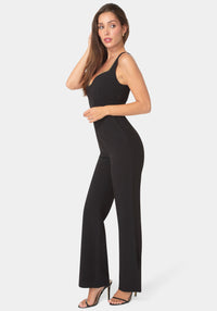Side View-Plunging U Neck Chain Detail Wide Leg Jumpsuit-Black