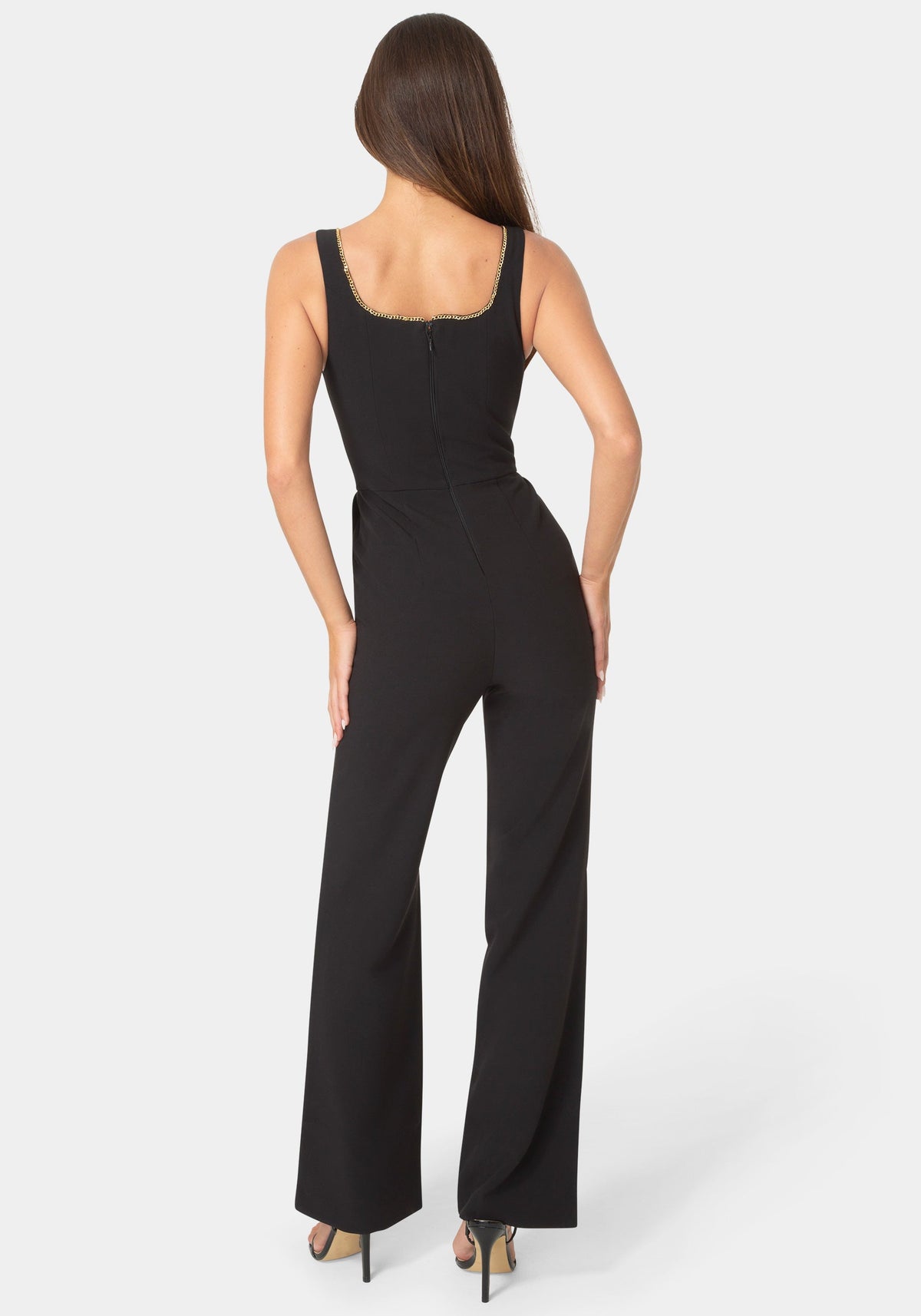 Back View-Plunging U Neck Chain Detail Wide Leg Jumpsuit-Black
