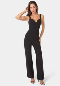 Detail View-Plunging U Neck Chain Detail Wide Leg Jumpsuit-Black