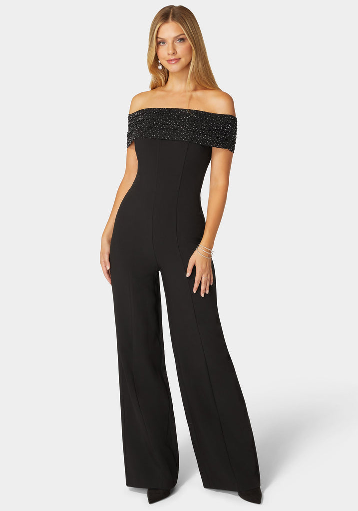 Studded Off Shoulder Palazzo Jumpsuit – bebe