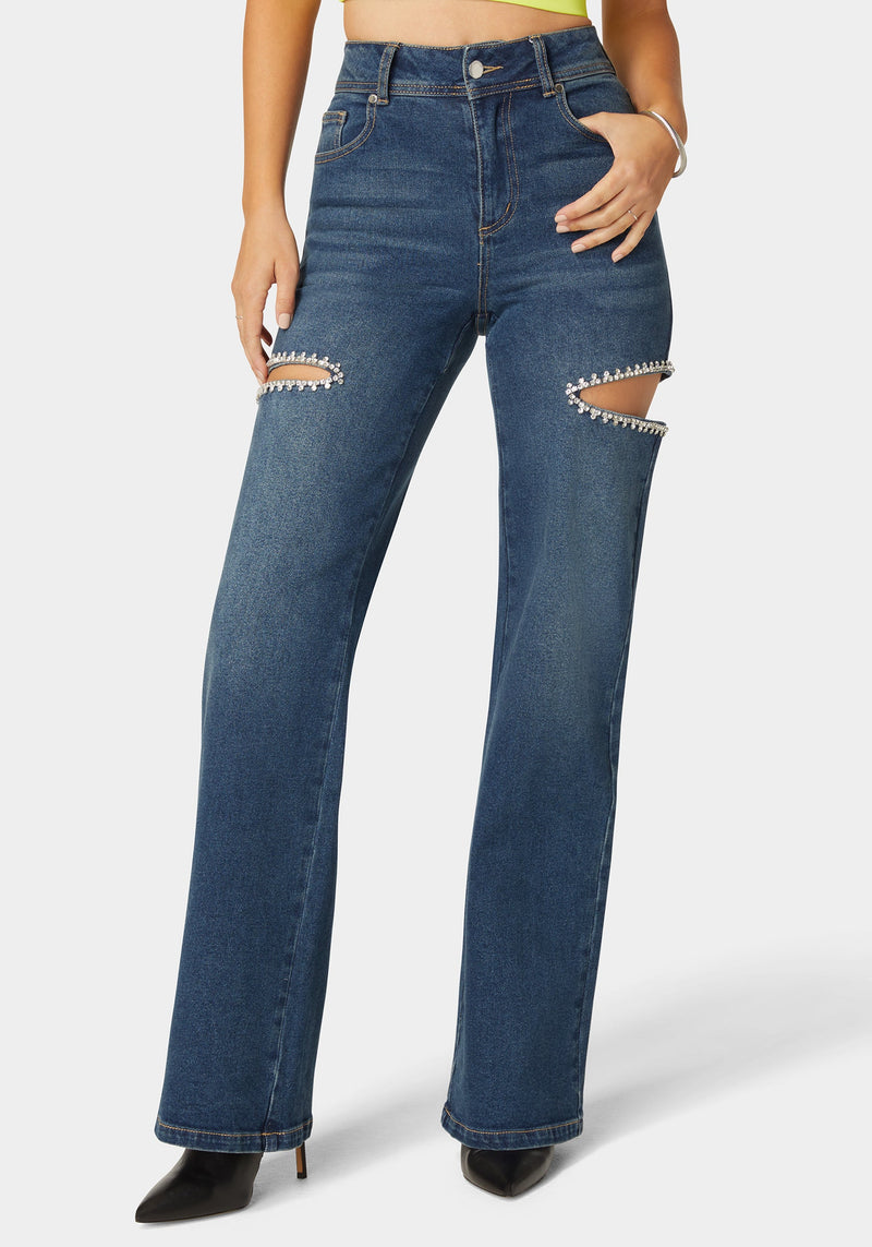 High Waist Studded Cut Out Wide Leg Jean | bebe