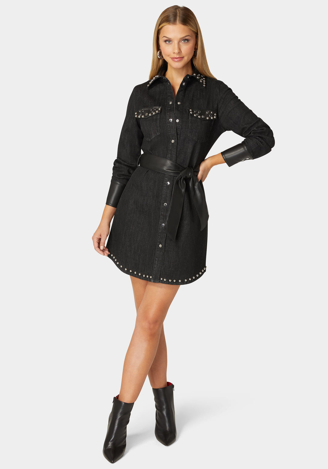 Bebe Women's Fitted Combo Vegan Leather Studded Denim Shirt Dress, Size Small in Washed Out Black/Black Polyurethane/Cotton/Spandex Bebe Women's Fitted Combo Vegan Leather Studded Denim Shirt Dress, Size Small in Washed Out Black/Black Polyurethane/Cotton/Spandex