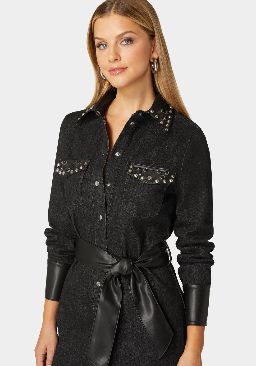 Bebe Women's Fitted Combo Vegan Leather Studded Denim Shirt Dress, Size Small in Washed Out Black/Black Polyurethane/Cotton/Spandex Bebe Women's Fitted Combo Vegan Leather Studded Denim Shirt Dress, Size Small in Washed Out Black/Black Polyurethane/Cotton/Spandex