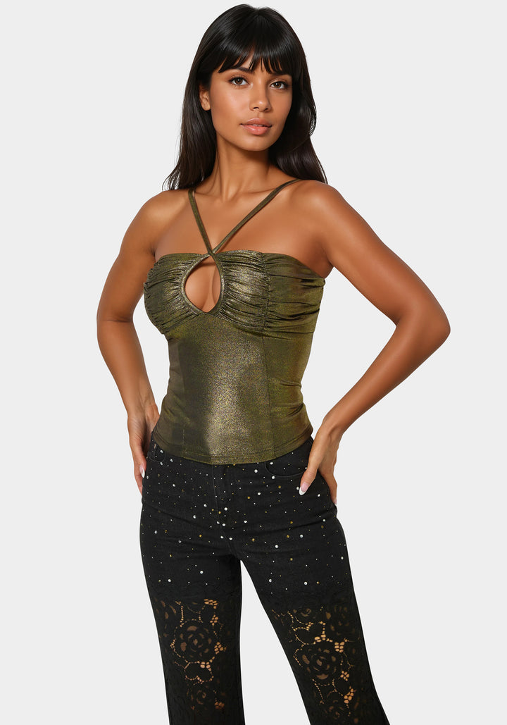 Front View-Foil Knit Ruched Top-Bronze