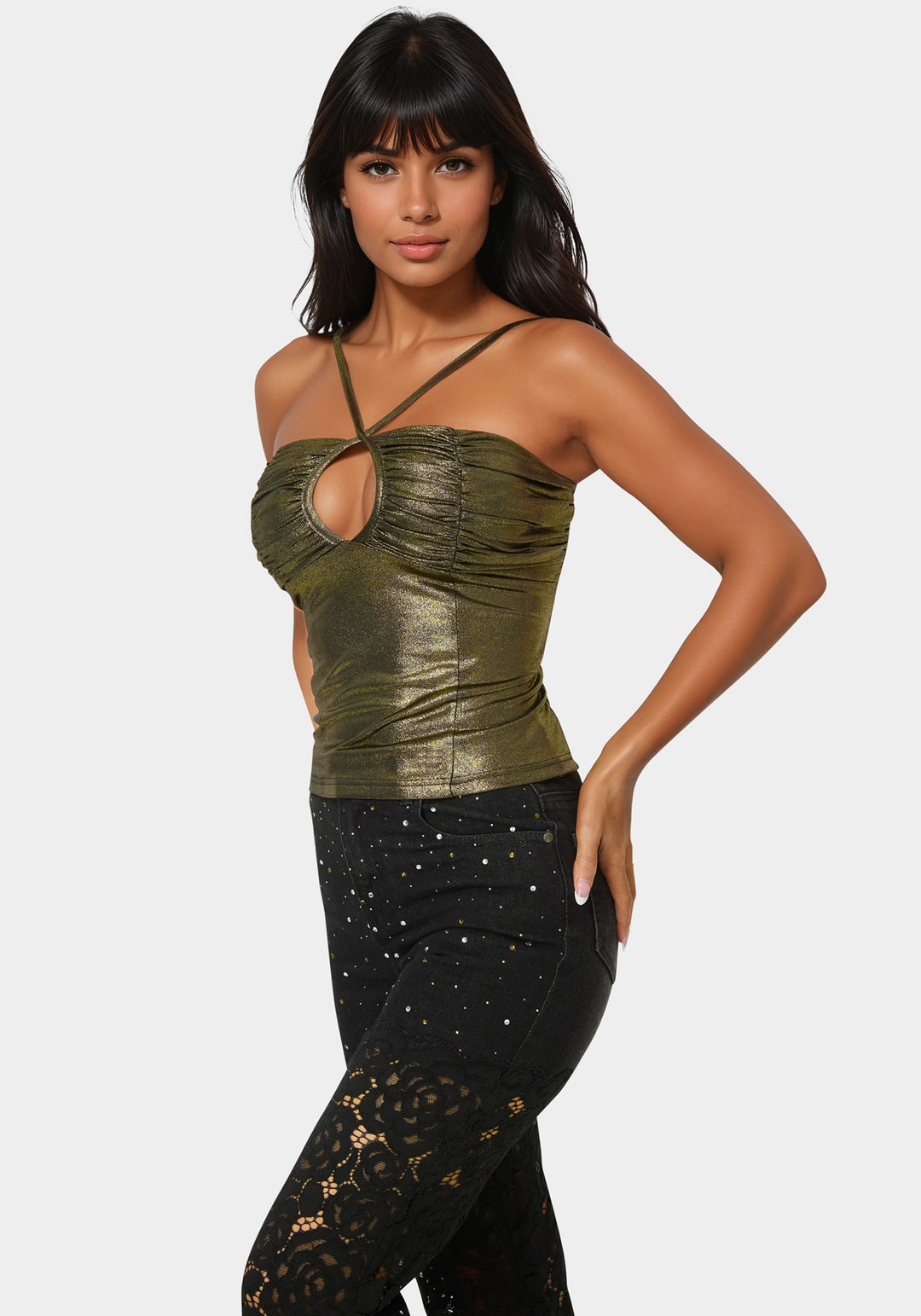 Side View-Foil Knit Ruched Top-Bronze