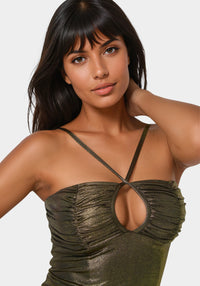 Detail View-Foil Knit Ruched Top-Bronze