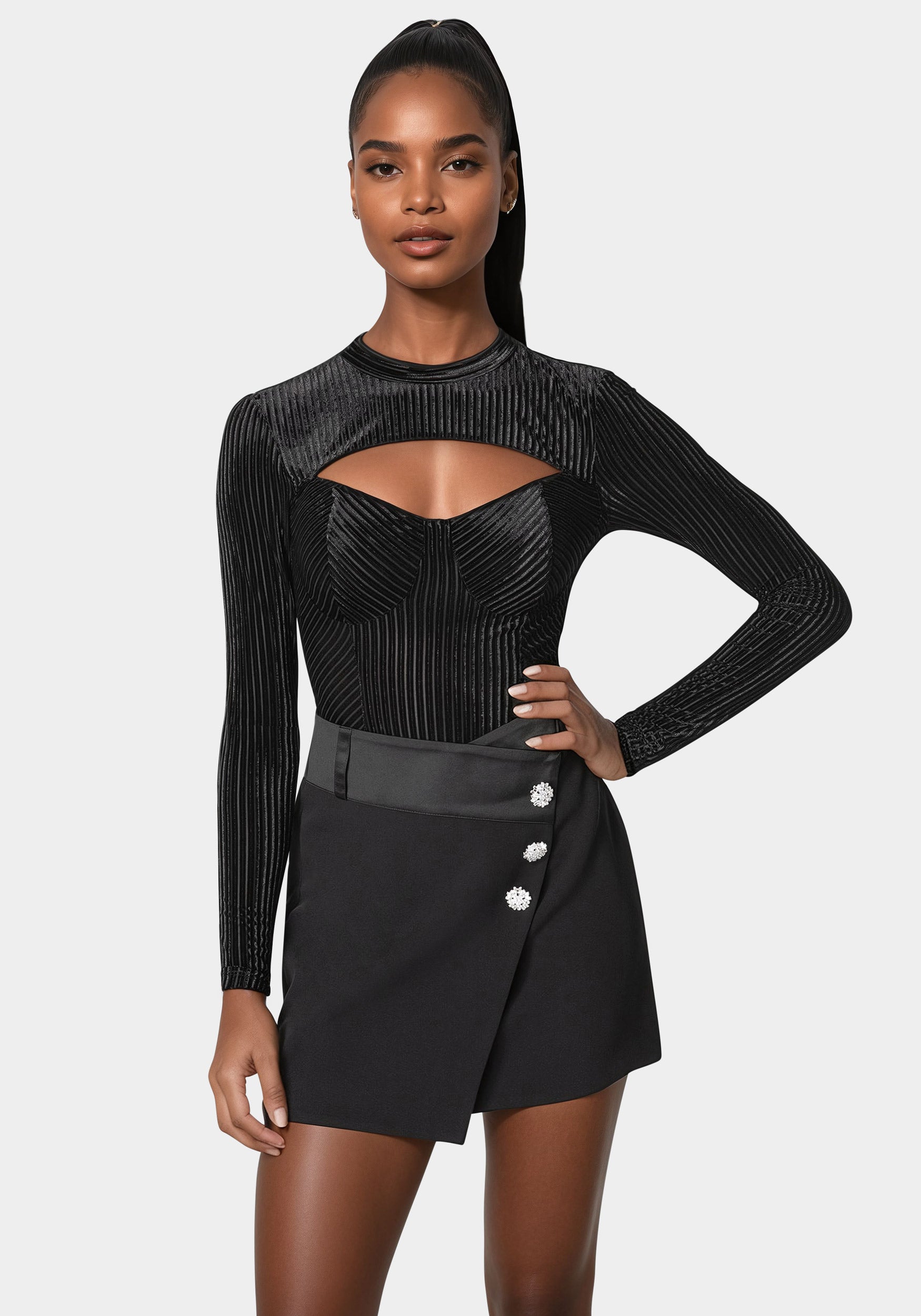 Shadow Stripe Velour Cutout Bodysuit – bebe