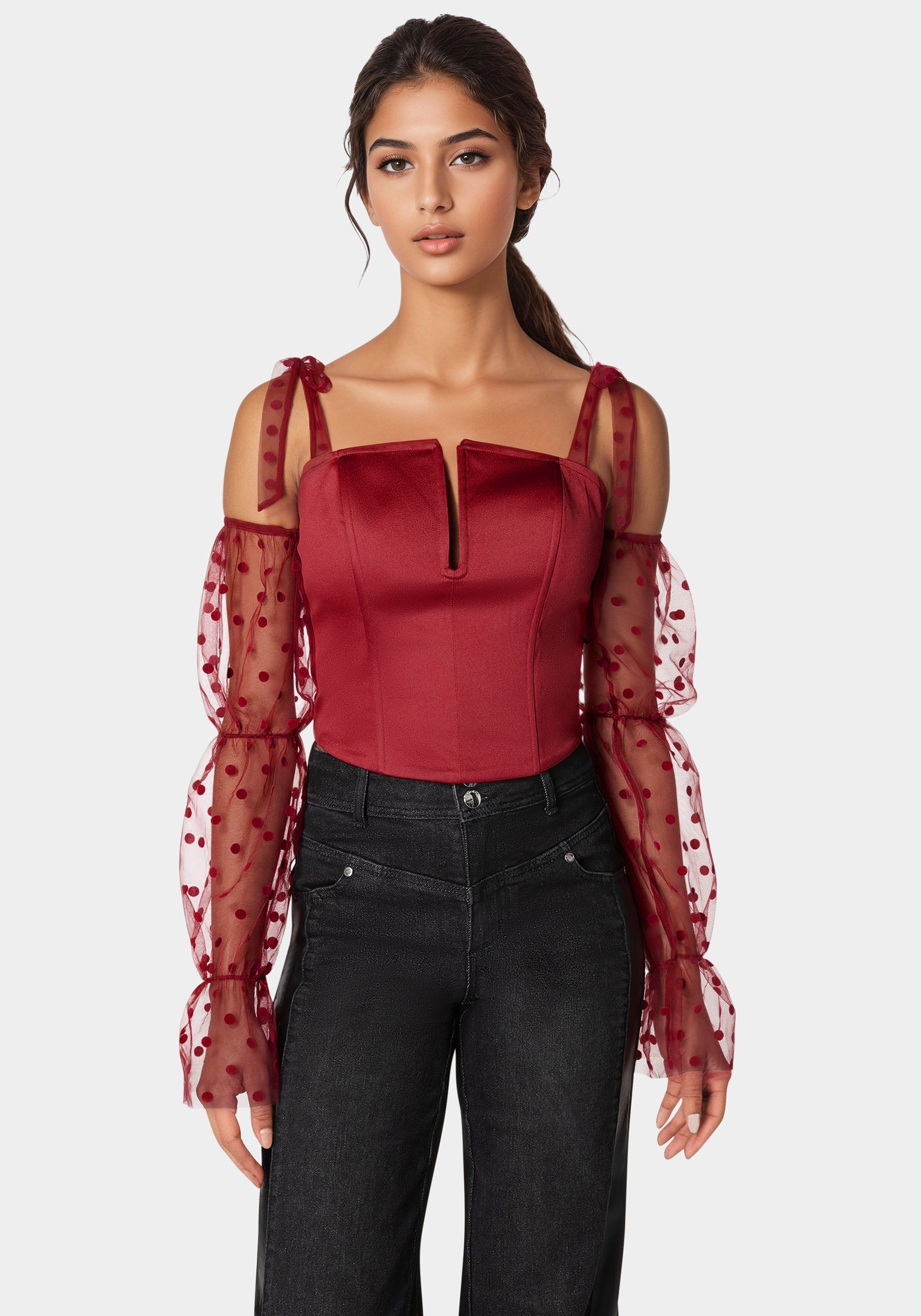 トップス Bebe Swiss Dot Sleeve Satin Corset – bebe