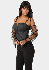 Side View-Swiss Dot Sleeve Satin Corset-Black