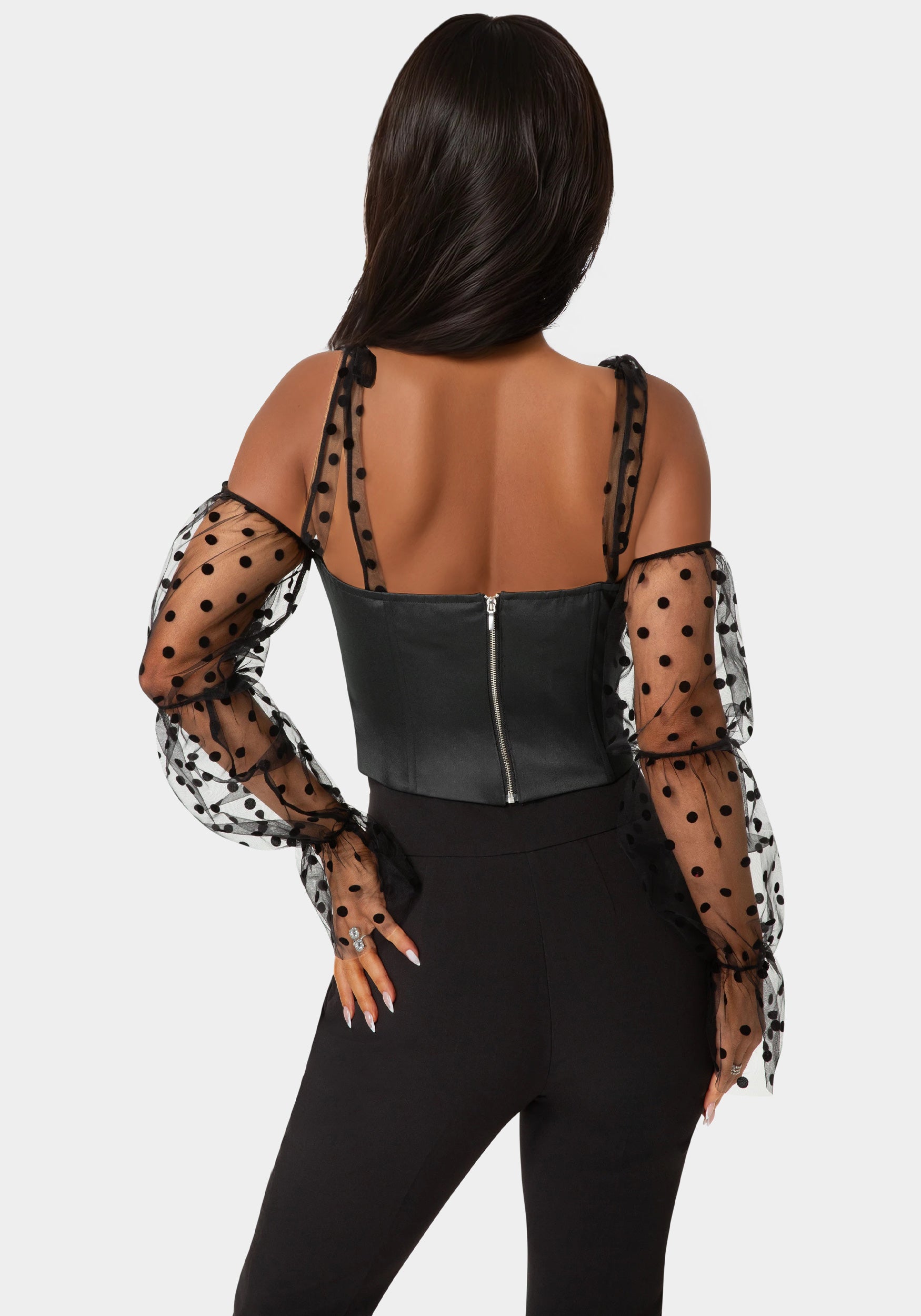 Back View-Swiss Dot Sleeve Satin Corset-Black