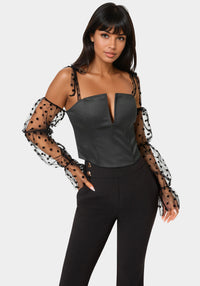 Front View-Swiss Dot Sleeve Satin Corset-Black