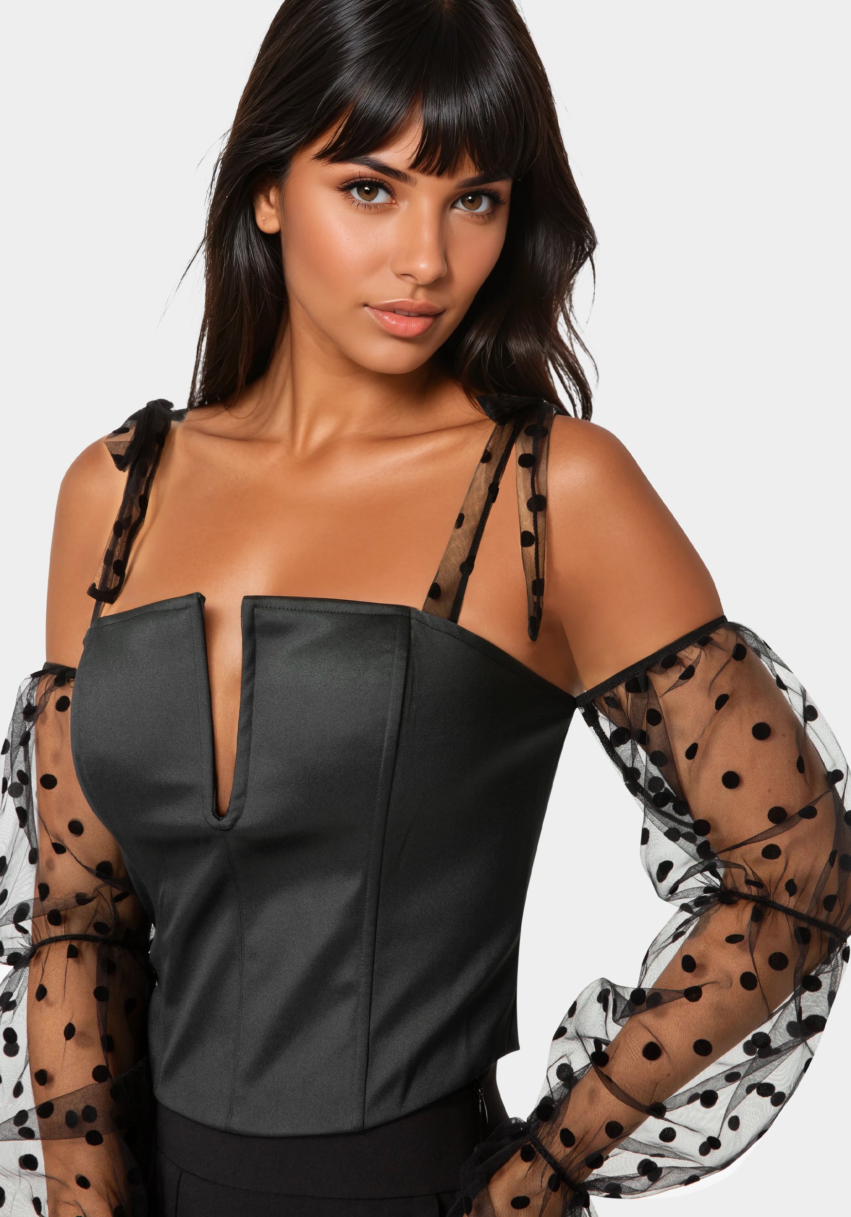 Other View-Swiss Dot Sleeve Satin Corset-Black