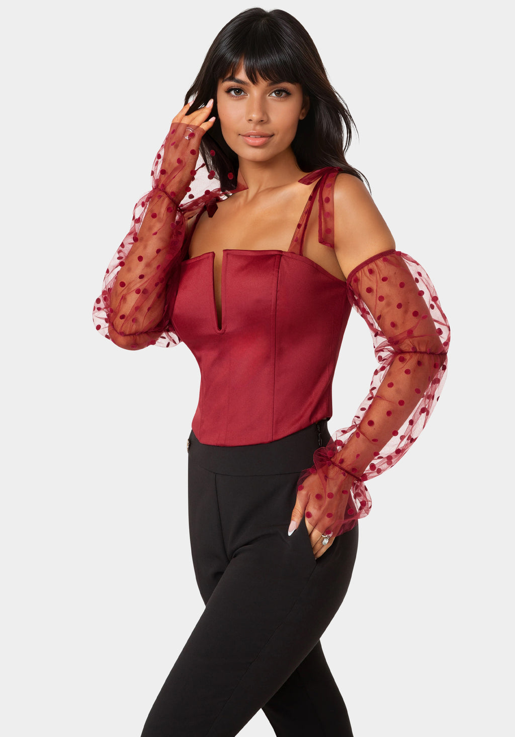 Side View-Swiss Dot Sleeve Satin Corset-Biking Red