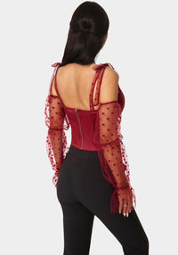 Back View-Swiss Dot Sleeve Satin Corset-Biking Red