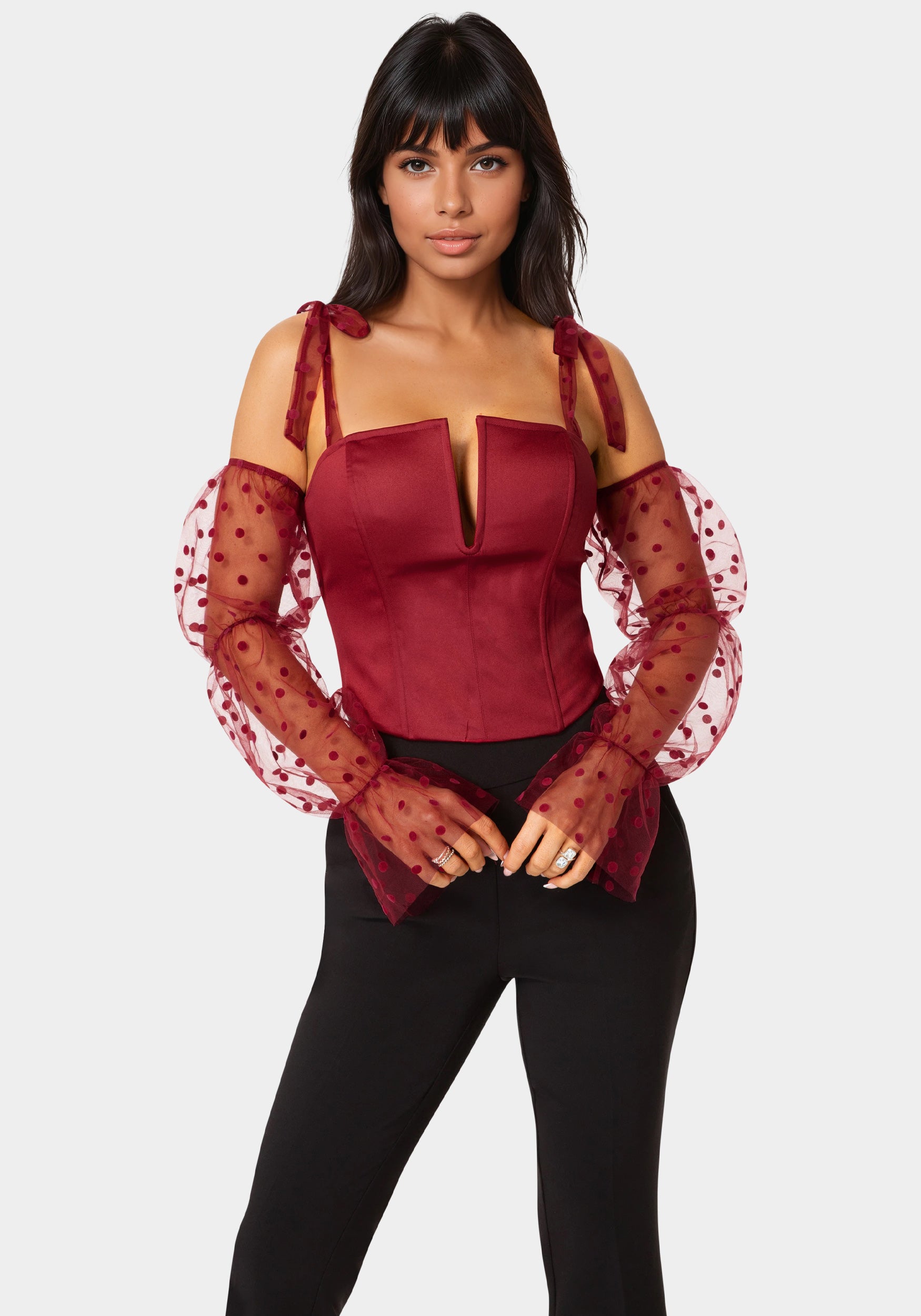 Front View-Swiss Dot Sleeve Satin Corset-Biking Red