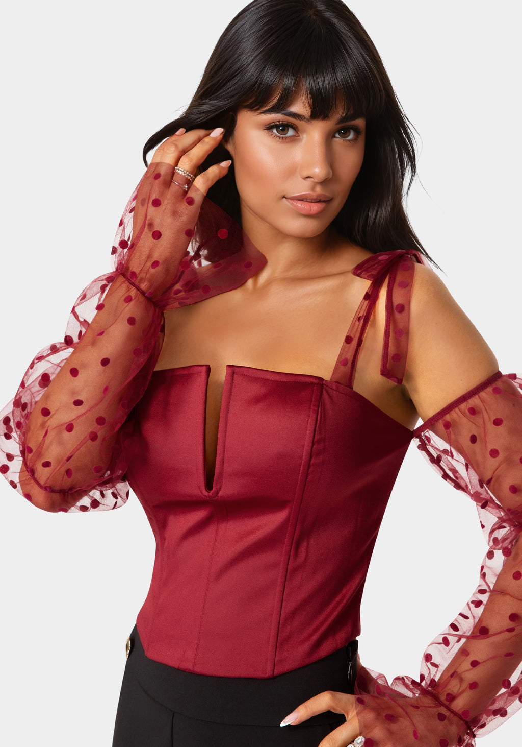 Other View-Swiss Dot Sleeve Satin Corset-Biking Red