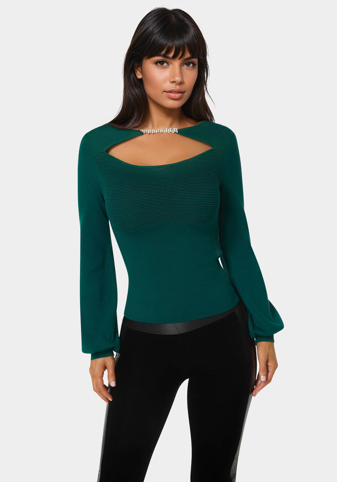 Front View-Open Neck Rhinestone Trim Sweater-Rain Forest