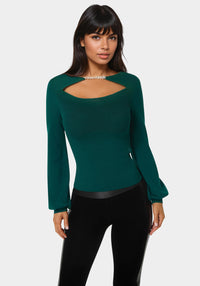 Front View-Open Neck Rhinestone Trim Sweater-Rain Forest