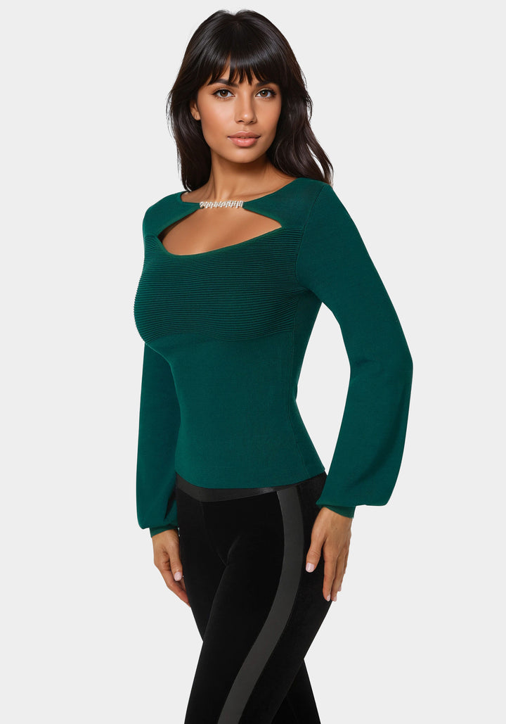 Side View-Open Neck Rhinestone Trim Sweater-Rain Forest