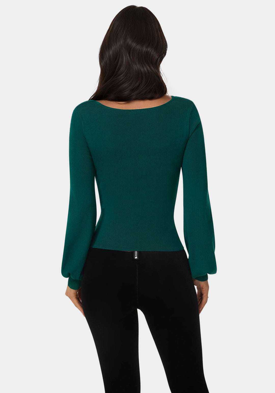 Back View-Open Neck Rhinestone Trim Sweater-Rain Forest
