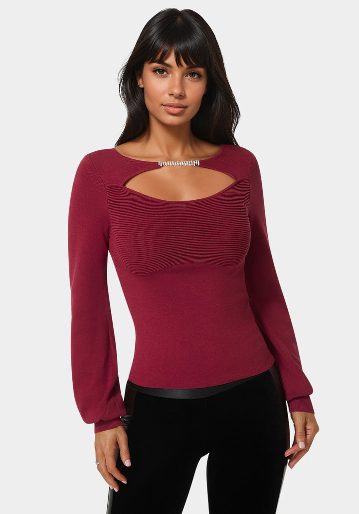 Front View-Open Neck Rhinestone Trim Sweater-Biking Red
