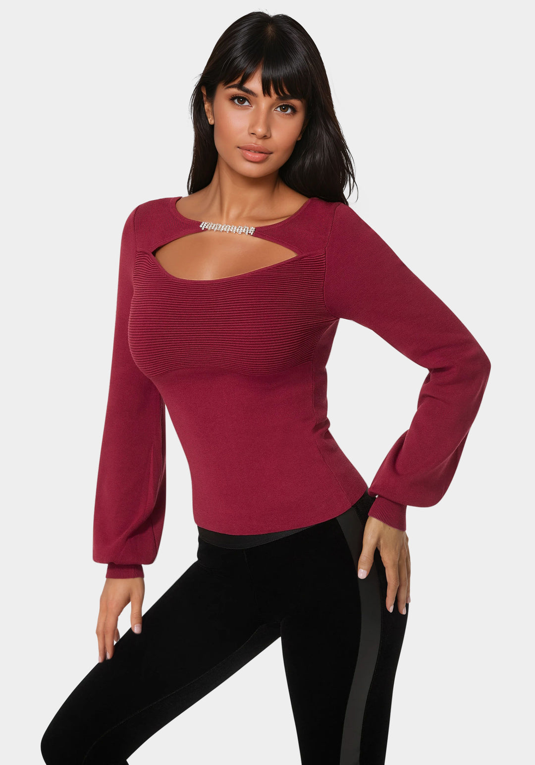 Side View-Open Neck Rhinestone Trim Sweater-Biking Red