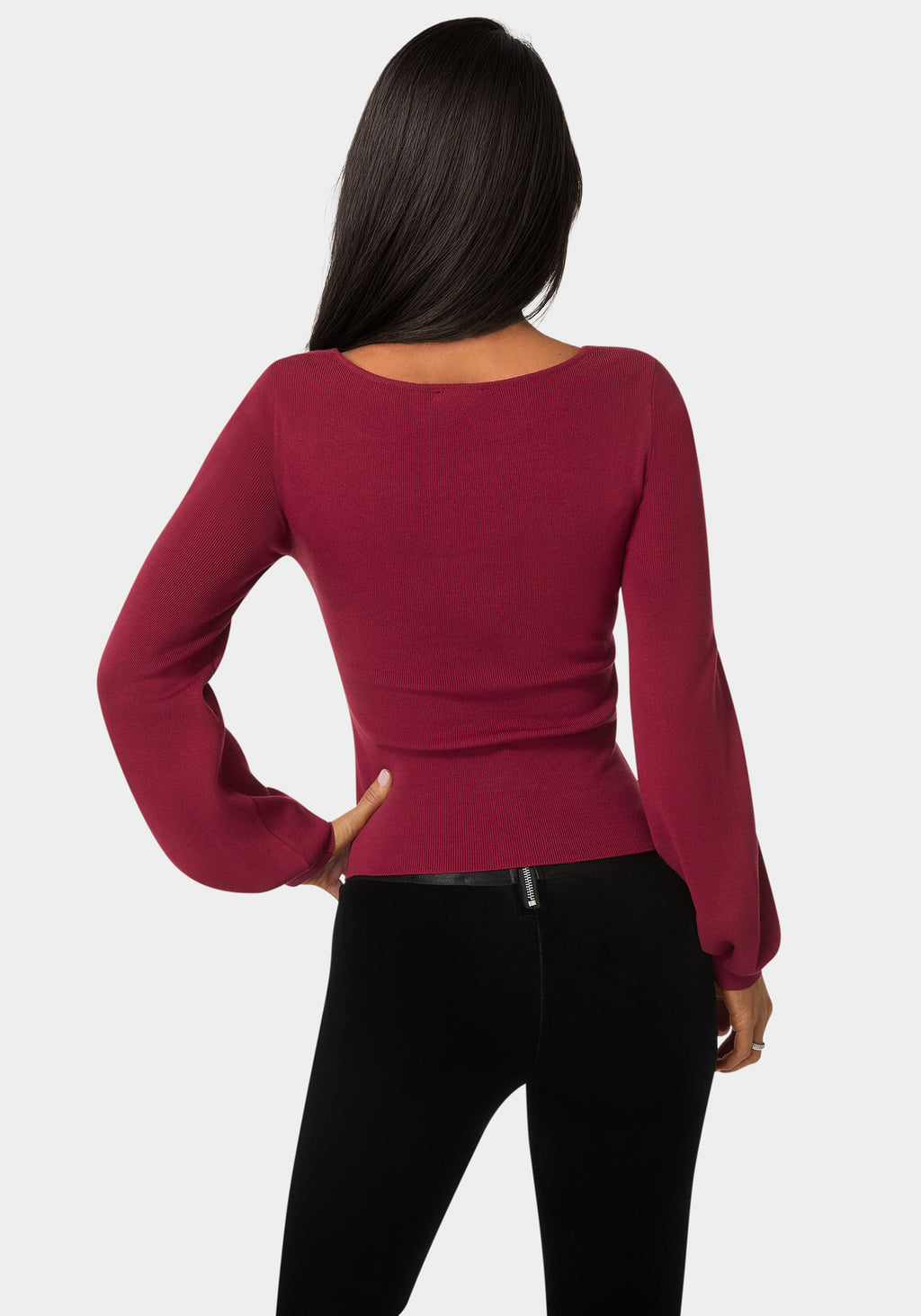 Back View-Open Neck Rhinestone Trim Sweater-Biking Red
