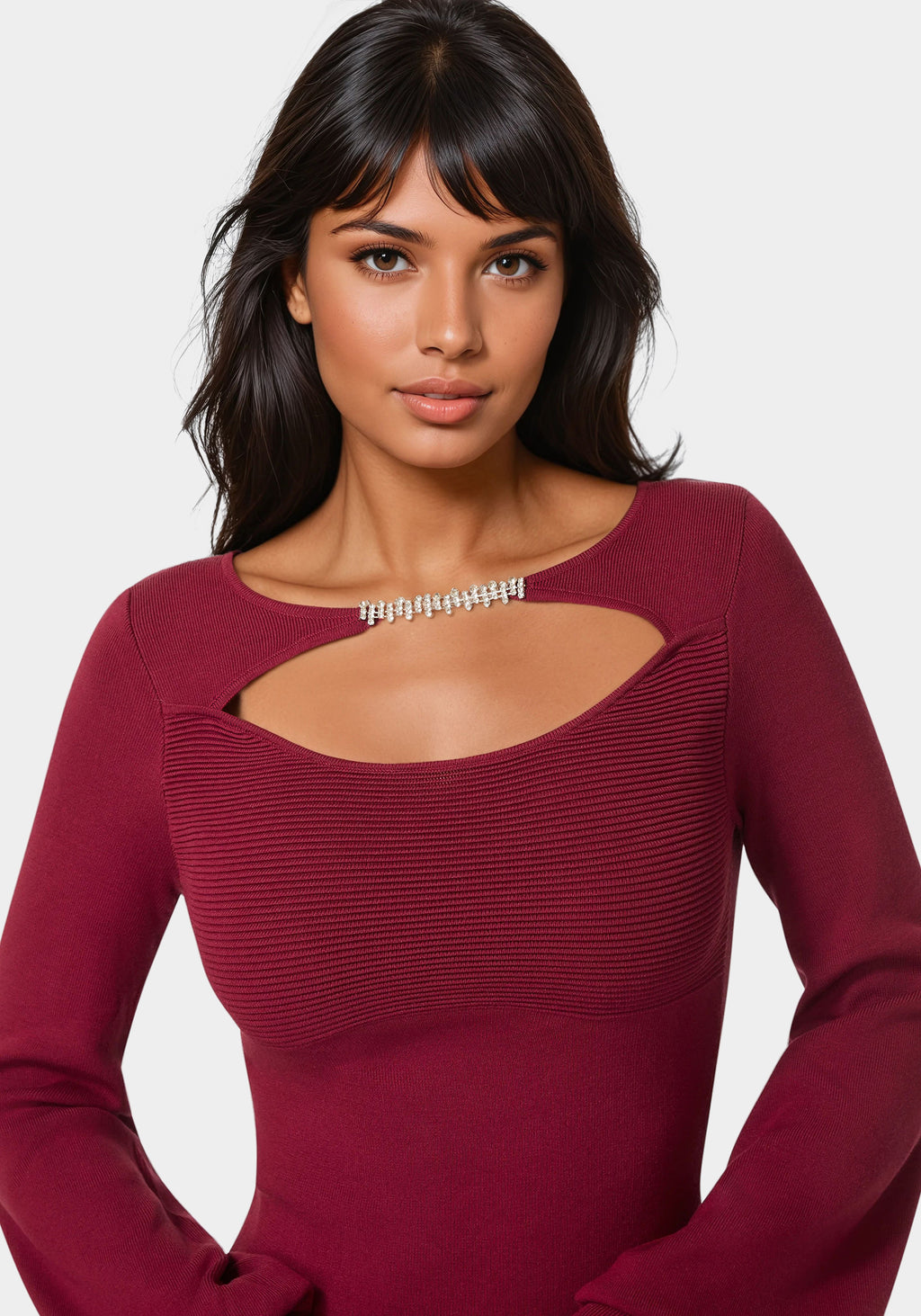 Detail View-Open Neck Rhinestone Trim Sweater-Biking Red