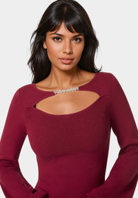 Detail View-Open Neck Rhinestone Trim Sweater-Biking Red