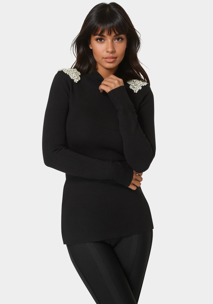Front View-Embellished Mock Neck Tunic Sweater-Black