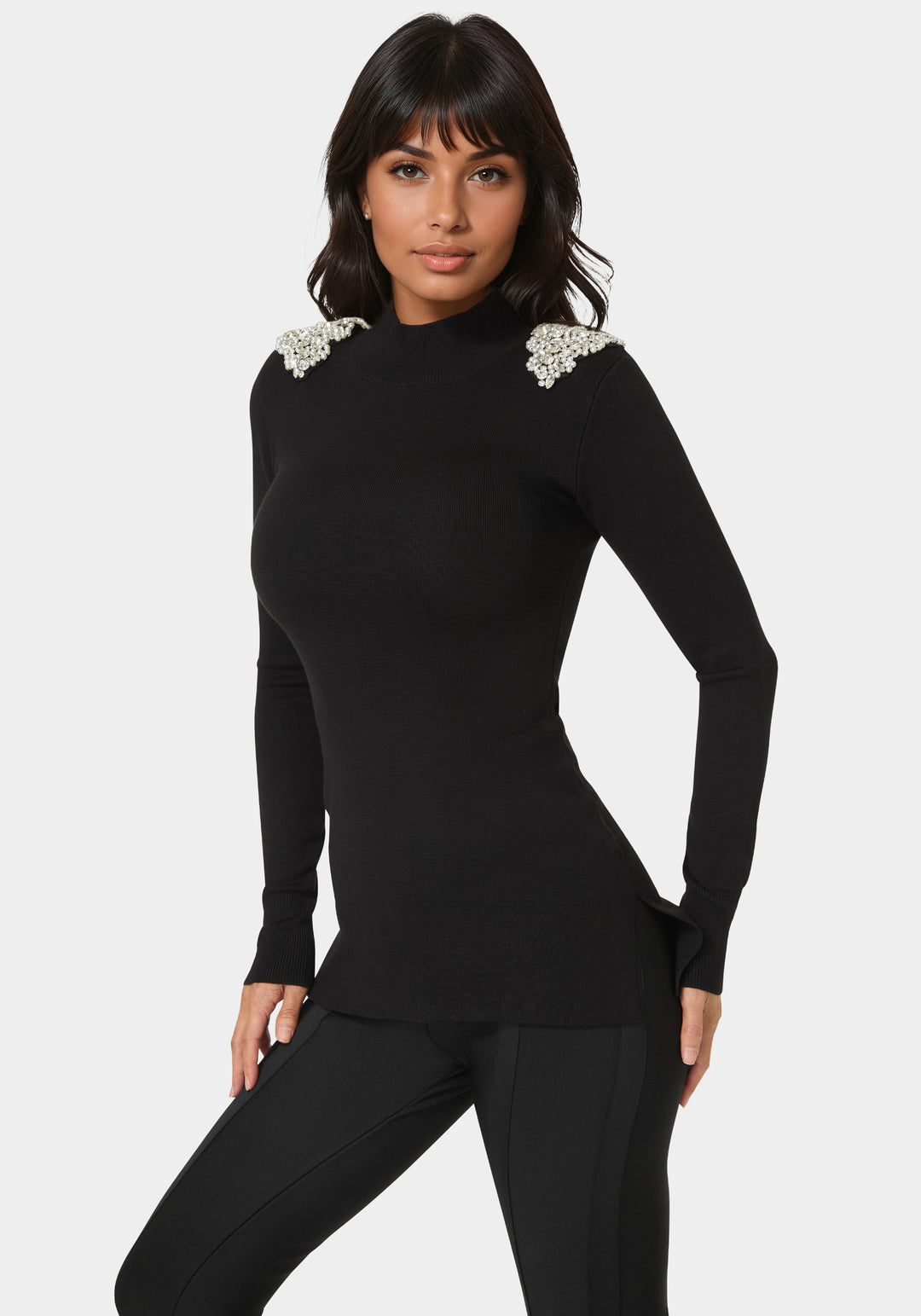 Side View-Embellished Mock Neck Tunic Sweater-Black