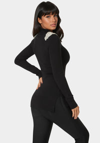 Back View-Embellished Mock Neck Tunic Sweater-Black