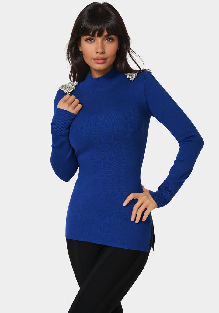 Front View-Embellished Mock Neck Tunic Sweater-Galactic Cobalt