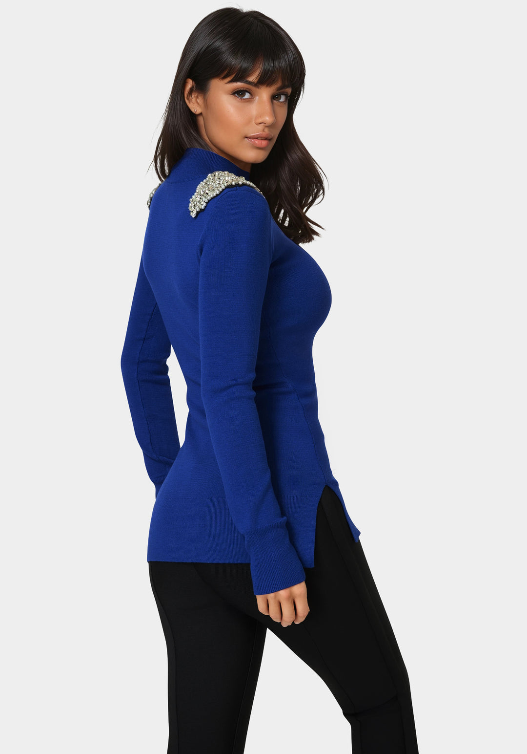 Back View-Embellished Mock Neck Tunic Sweater-Galactic Cobalt