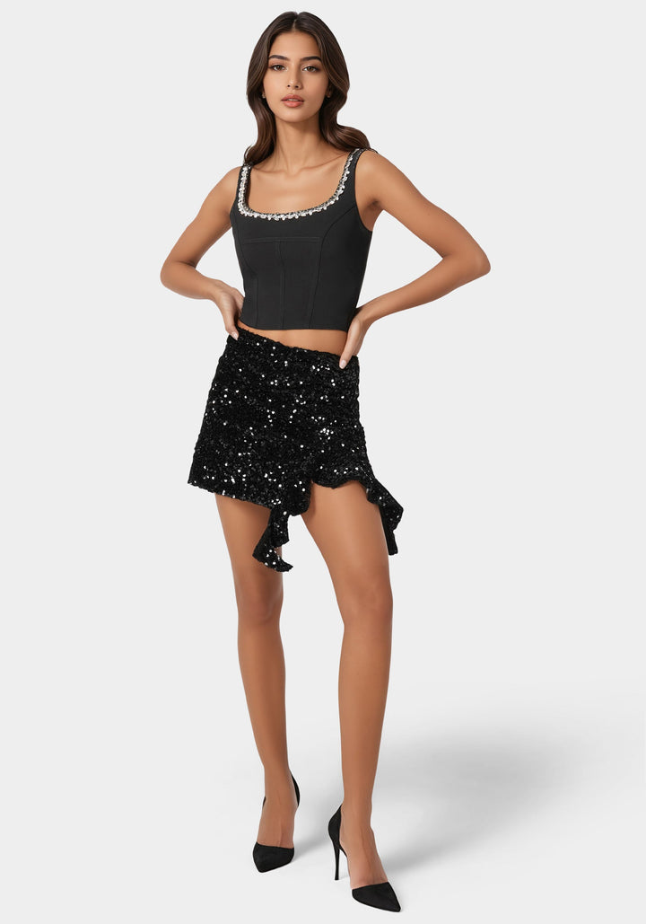 Side View-Mini Sequin Ruffle Slit Skort-Black