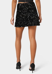 Back View-Mini Sequin Ruffle Slit Skort-Black