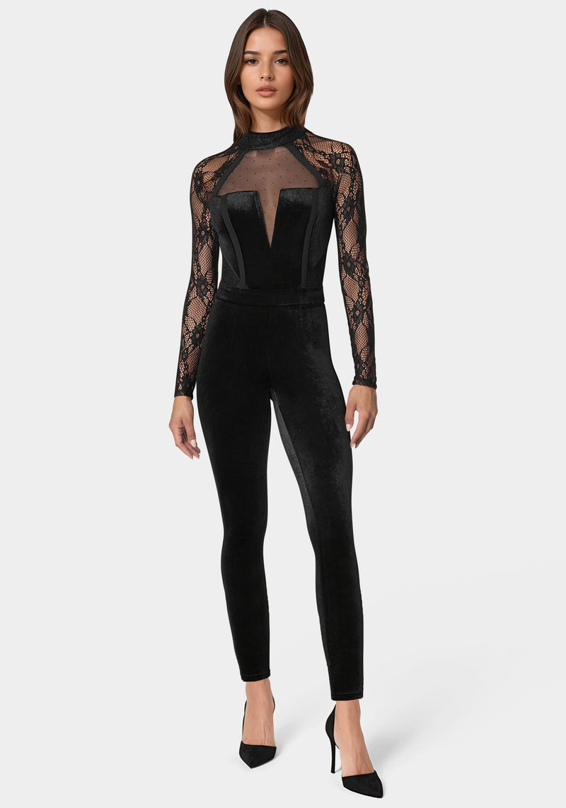Lace Combo Velour Catsuit | bebe