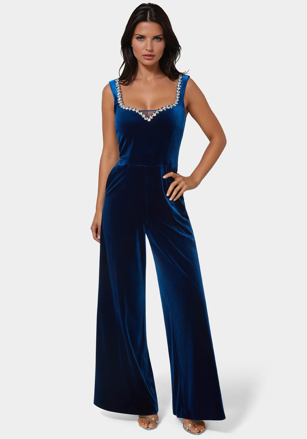 Front View-Embellished Neckline Ultra Wide Leg Jumpsuit-Galactic Cobalt