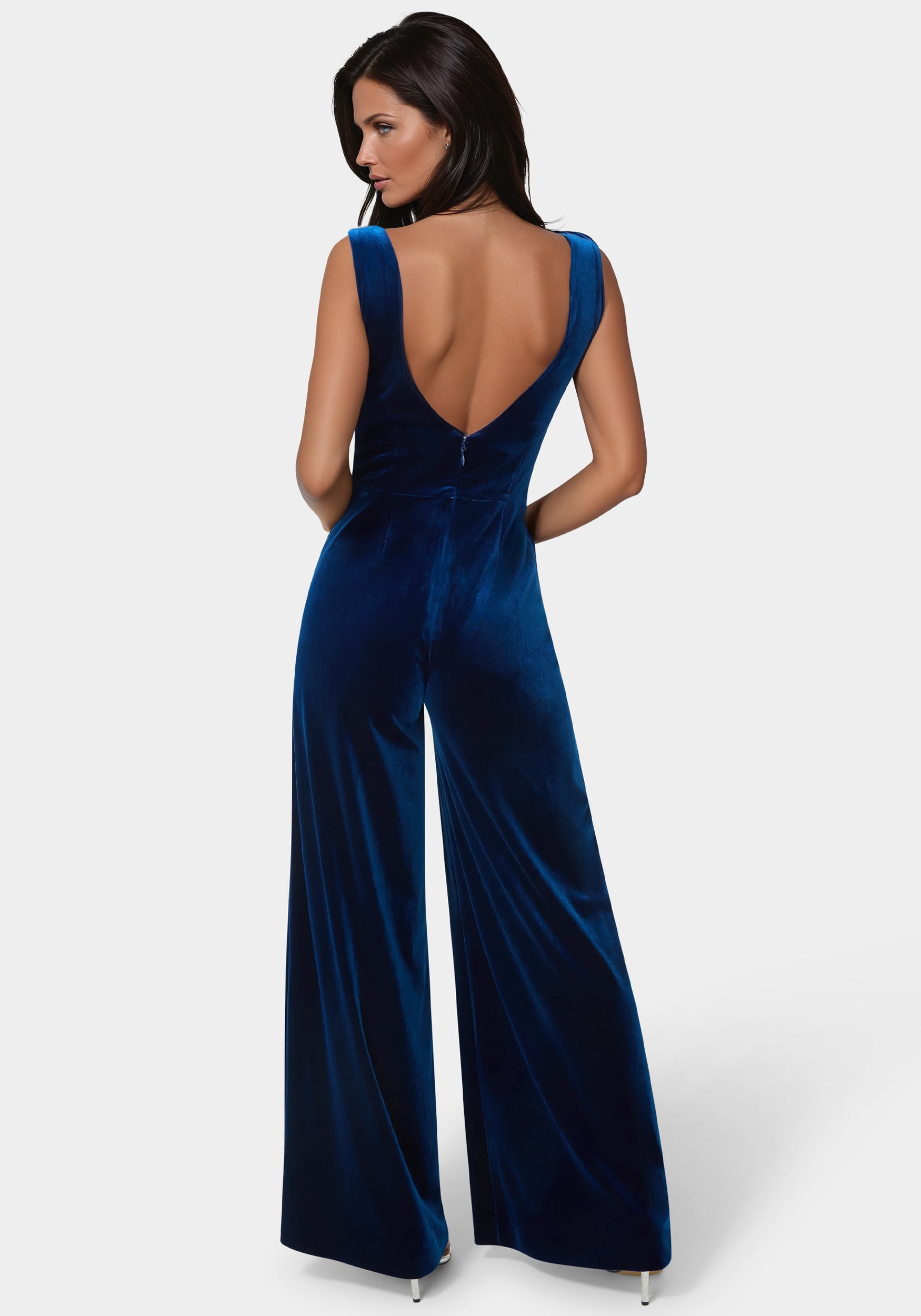 Back View-Embellished Neckline Ultra Wide Leg Jumpsuit-Galactic Cobalt