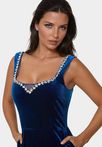 Detail View-Embellished Neckline Ultra Wide Leg Jumpsuit-Galactic Cobalt