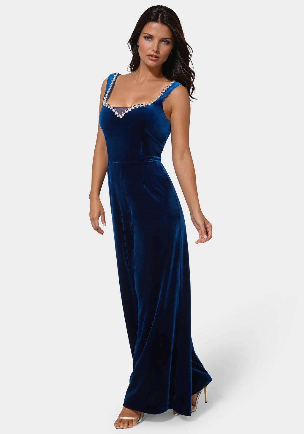 Side View-Embellished Neckline Ultra Wide Leg Jumpsuit-Galactic Cobalt