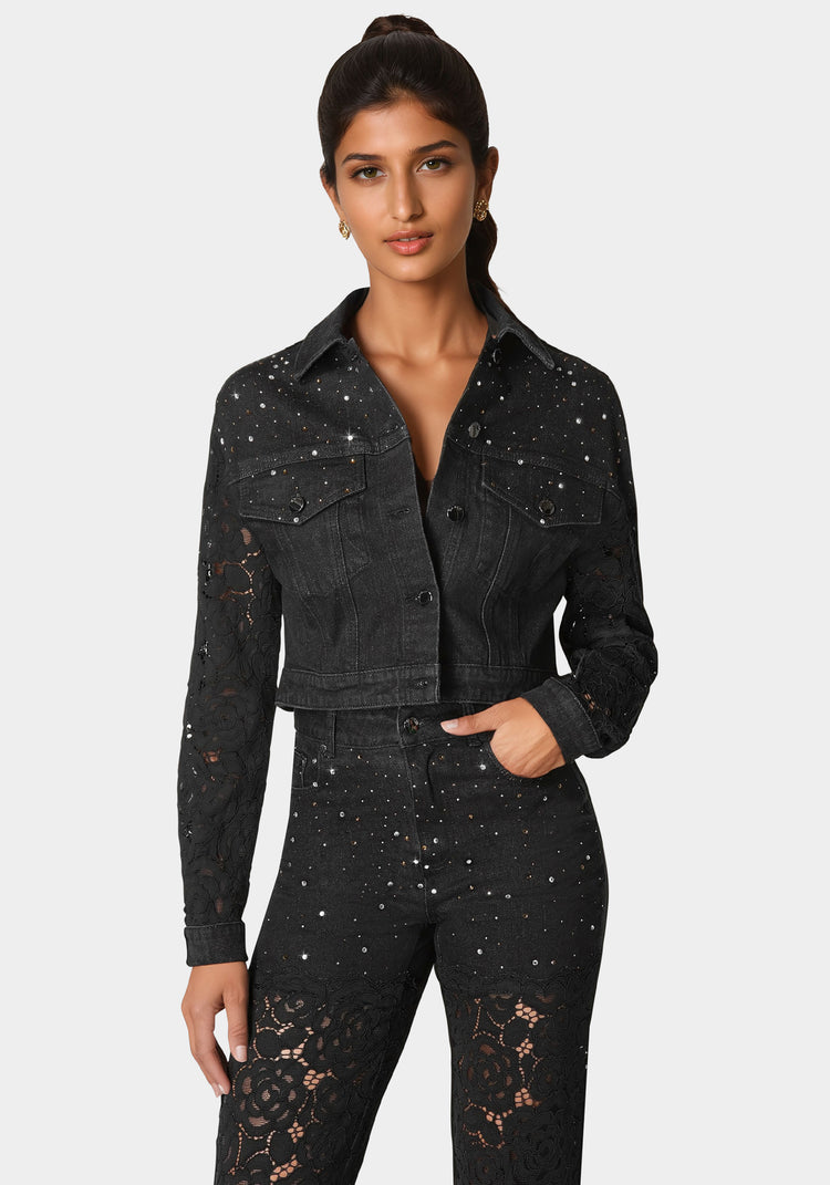 Drop Shoulder Embellished Lace Denim Jacket | bebe
