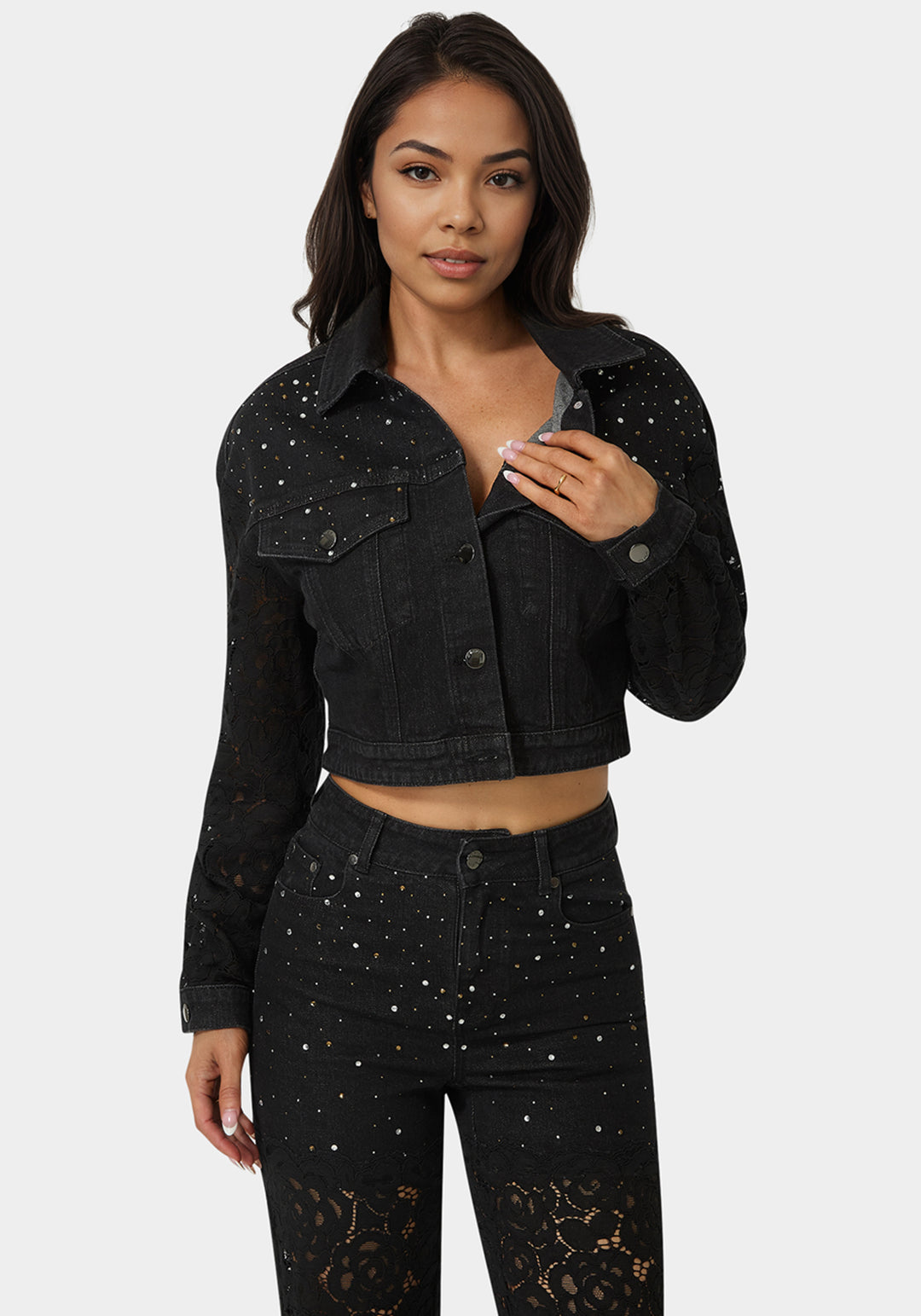 Front View-Drop Shoulder Embellished Lace Denim Jacket-Wash Out Black Wash/Black