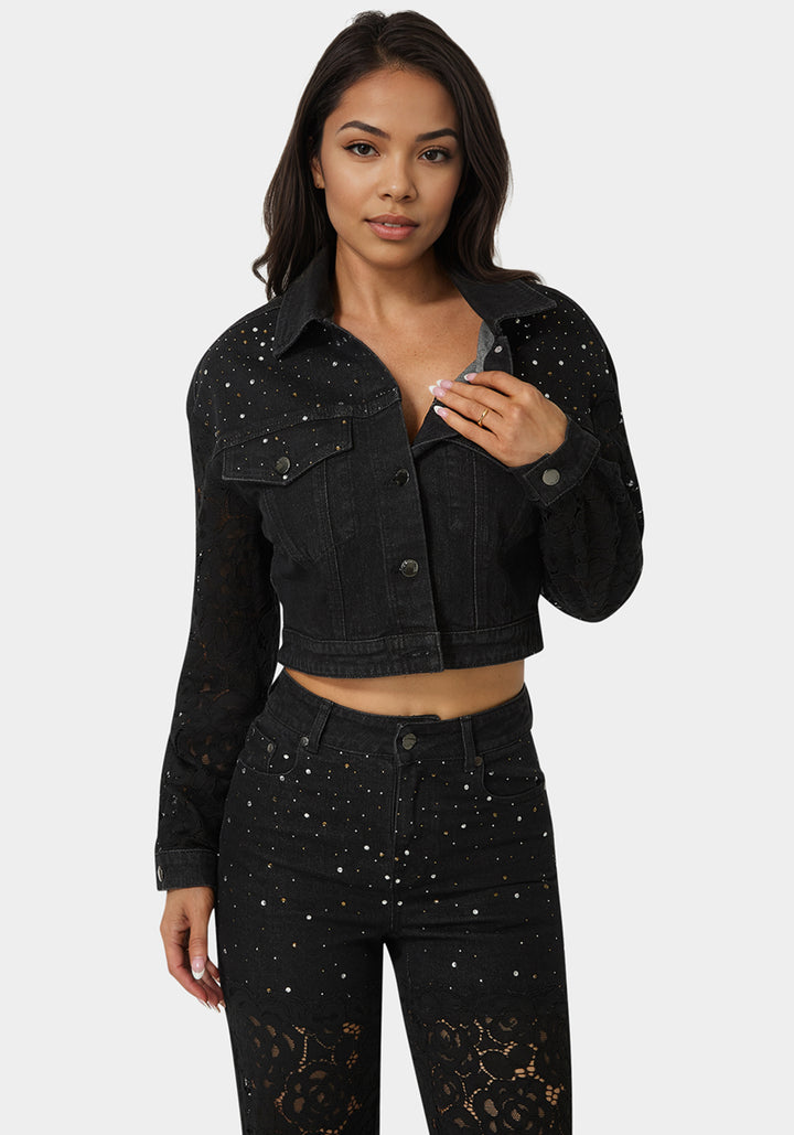 Front View-Drop Shoulder Embellished Lace Denim Jacket-Wash Out Black Wash/Black