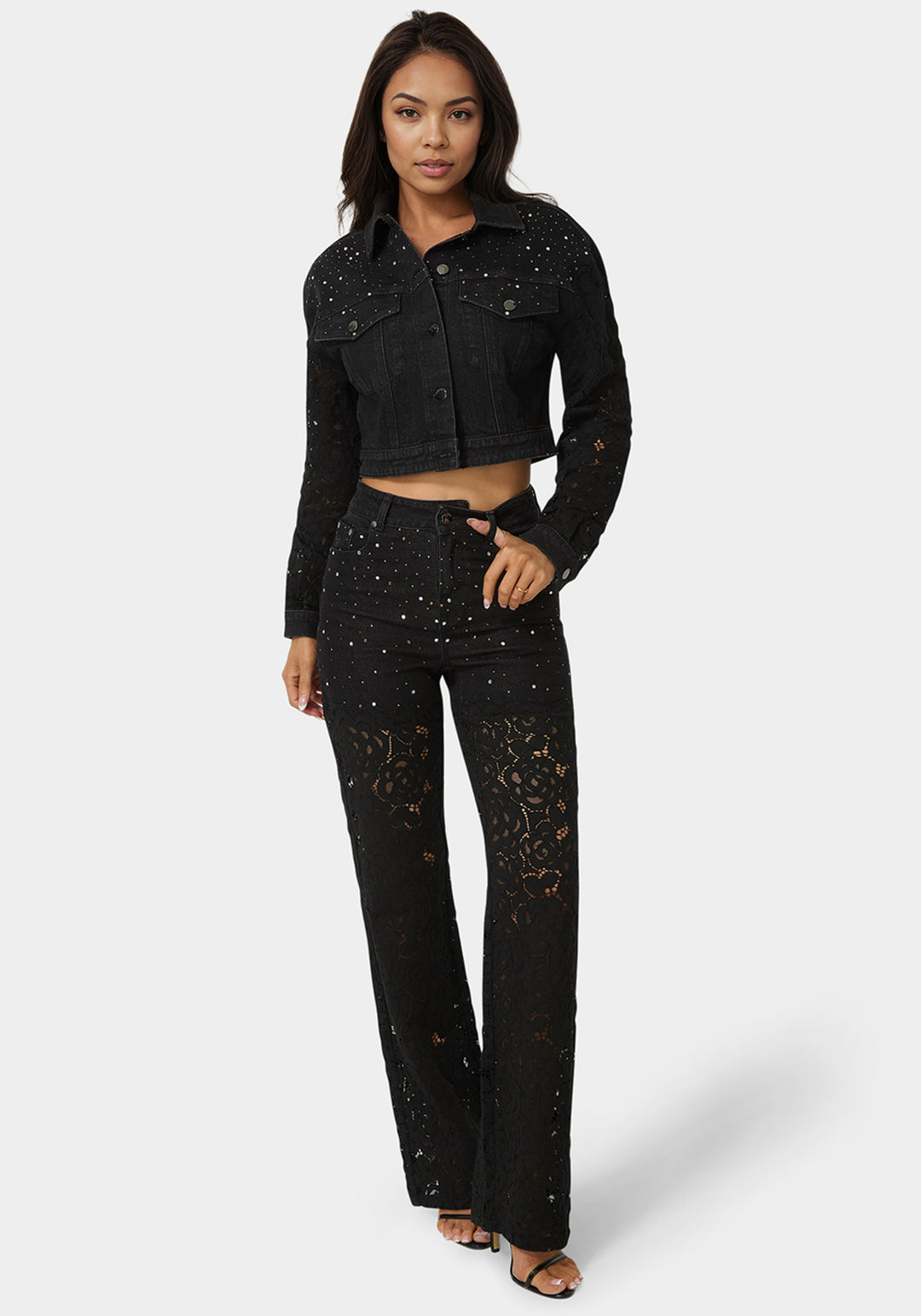 Detail View-Drop Shoulder Embellished Lace Denim Jacket-Wash Out Black Wash/Black