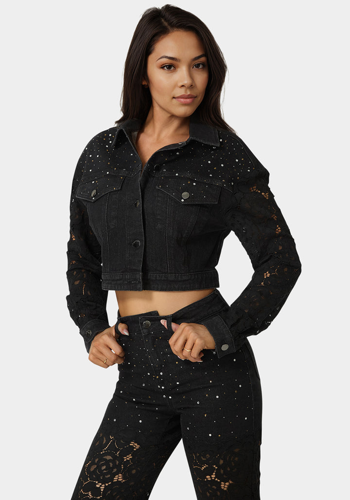 Side View-Drop Shoulder Embellished Lace Denim Jacket-Wash Out Black Wash/Black