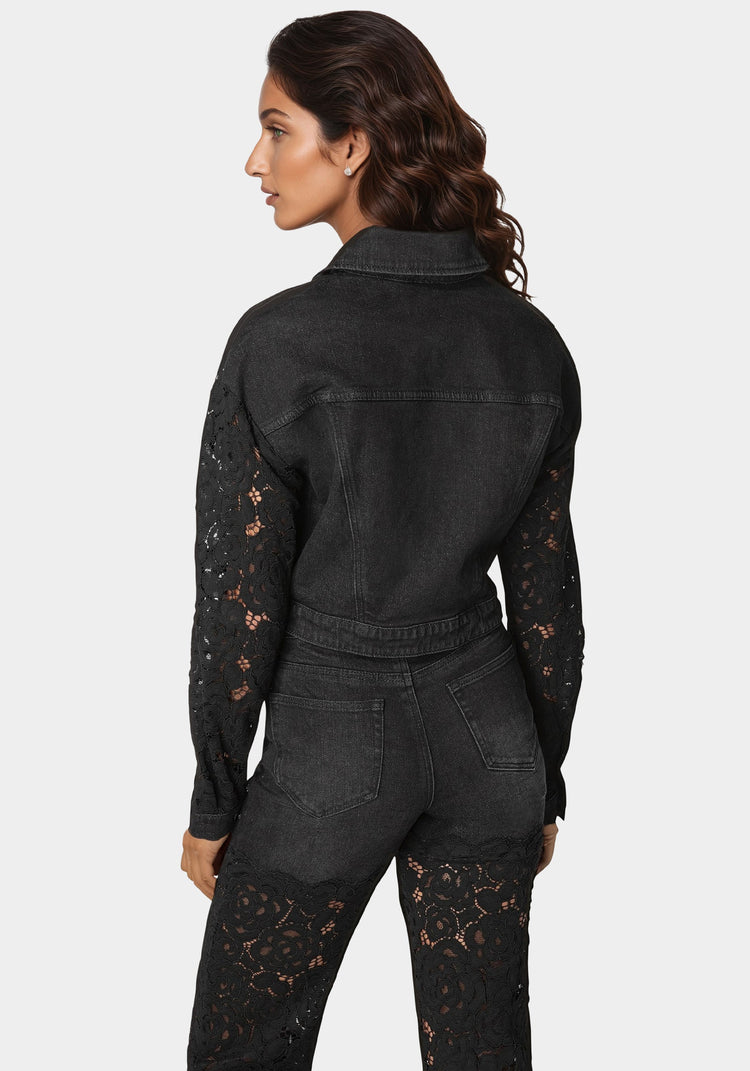 Drop Shoulder Embellished Lace Denim Jacket | bebe