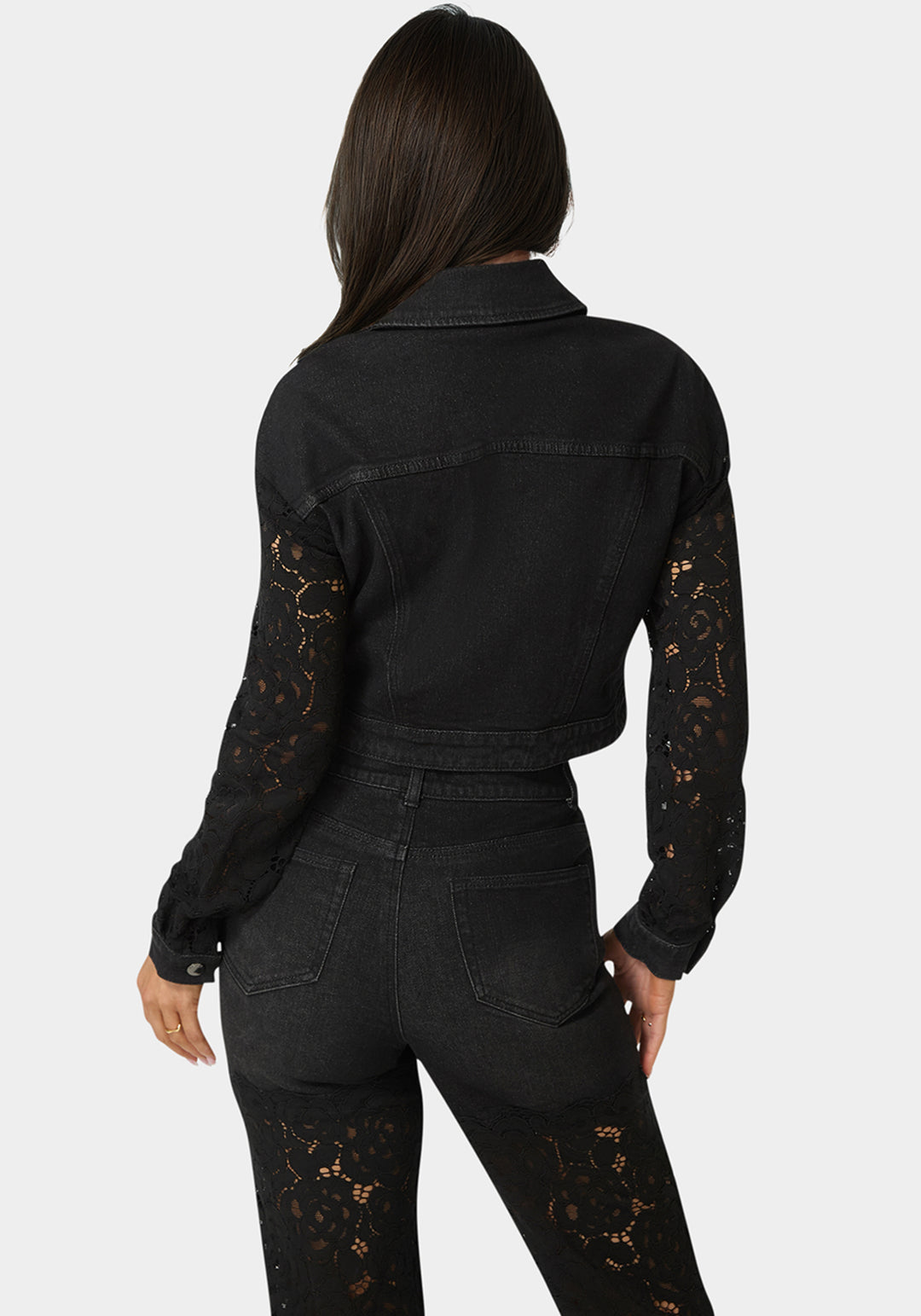 Back View-Drop Shoulder Embellished Lace Denim Jacket-Wash Out Black Wash/Black